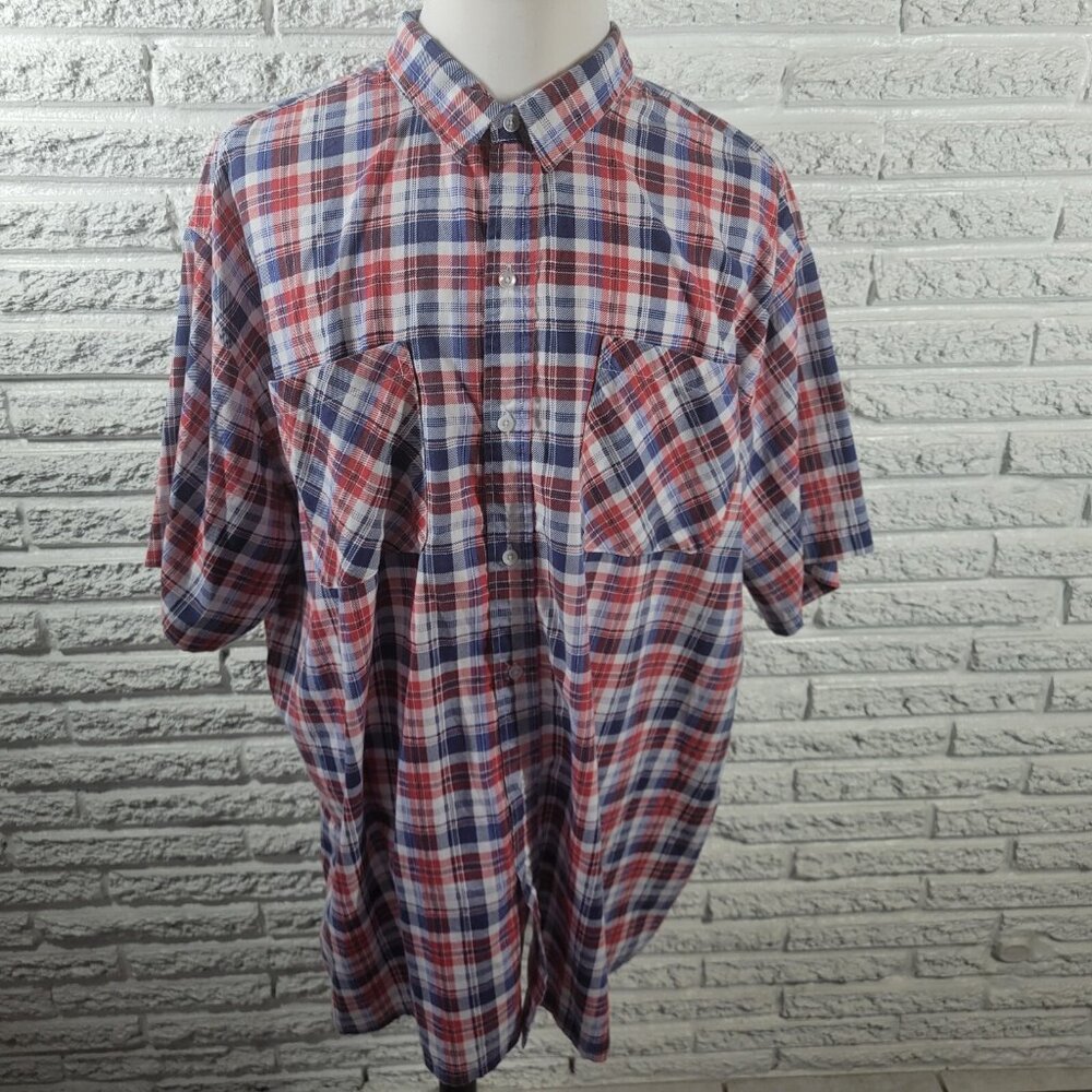 Haband Men Shirt 3X Short Sleeve Red Plaid Pockets Lightweight Poly Blend A20E